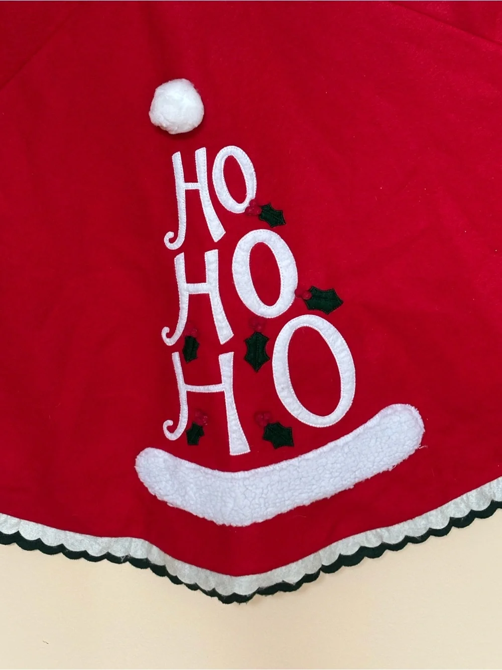 Vintage Felt Tree Skirt, Ho Ho Ho Design PomPoms 52” XL Red White Santa Hats